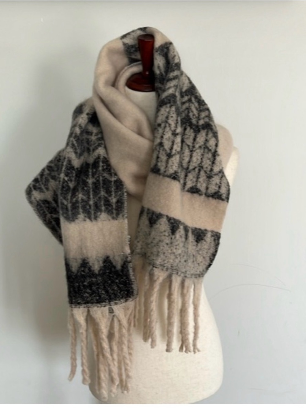 Michael Stars Black and Cream Patterned Fringe Scarf